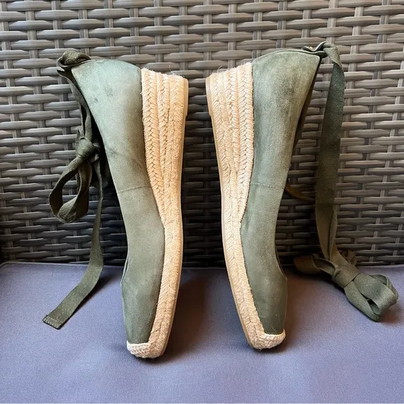 Tory Burch “Heather” Lace Up Olive Green Suede Espadrille Wedges Sz 8.5 Summer