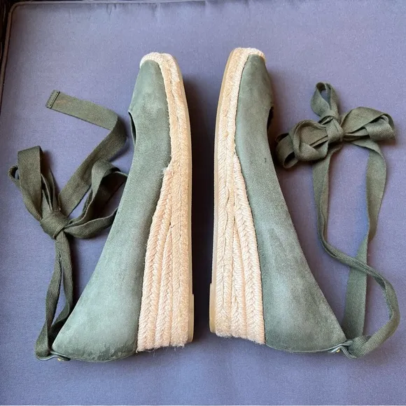 Tory Burch “Heather” Lace Up Olive Green Suede Espadrille Wedges Sz 8.5 Summer