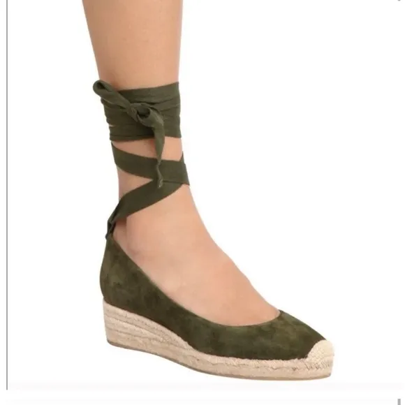 Tory Burch “Heather” Lace Up Olive Green Suede Espadrille Wedges Sz 8.5 Summer