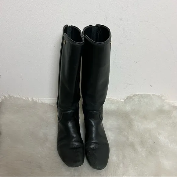 Tory Burch Irene Tall Leather Riding Gold Logo Boots 7.5