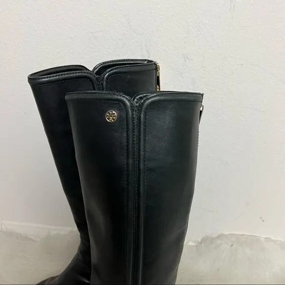Tory Burch Irene Tall Leather Riding Gold Logo Boots 7.5