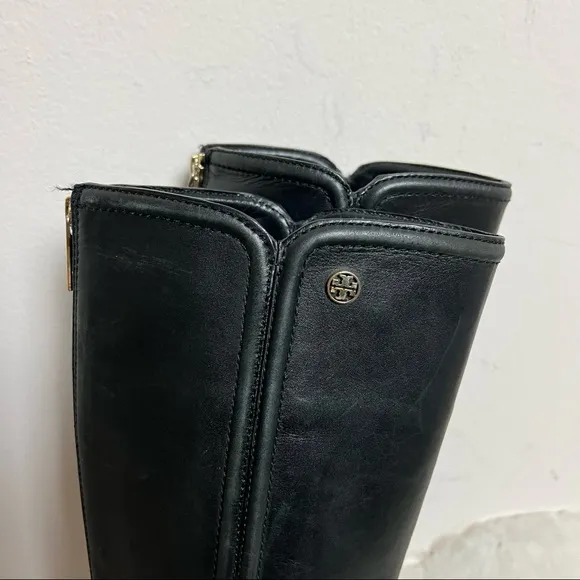 Tory Burch Irene Tall Leather Riding Gold Logo Boots 7.5