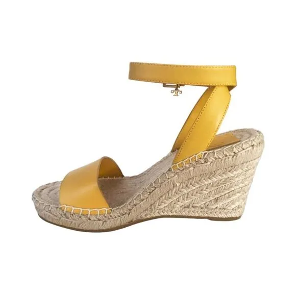 Tory Burch Laurel Leather Wedges Espadrille Yellow Sandals Size 6 NEW