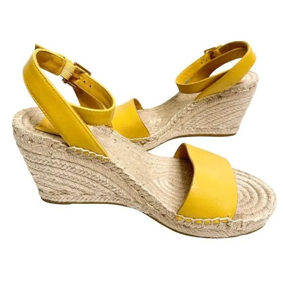 Tory Burch Laurel Leather Wedges Espadrille Yellow Sandals Size 6 NEW