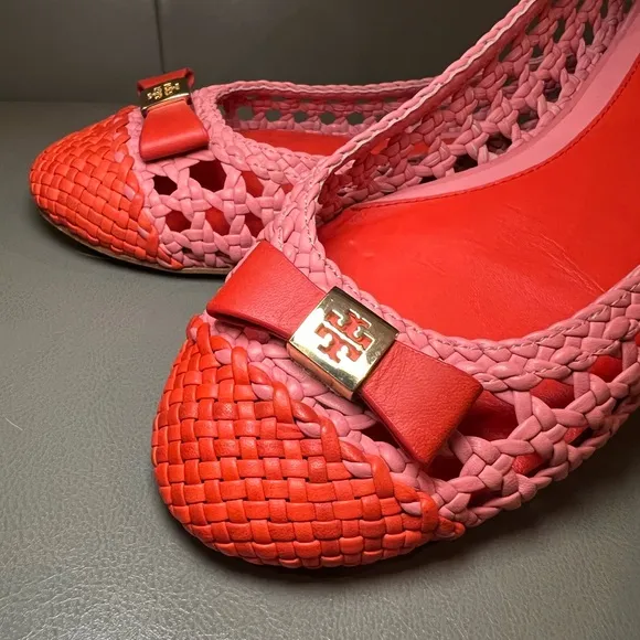 TORY BURCH leather woven Mesh Ballet Flats ❤️🩷🧡