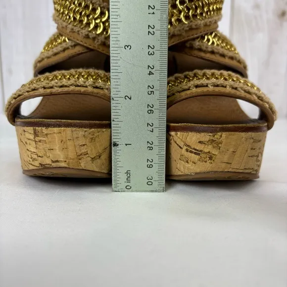 Tory Burch Lucian Sandals Leather Gold Chain Strappy Platform Wedges Tan Size 6