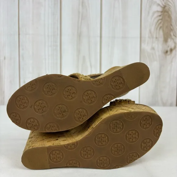 Tory Burch Lucian Sandals Leather Gold Chain Strappy Platform Wedges Tan Size 6