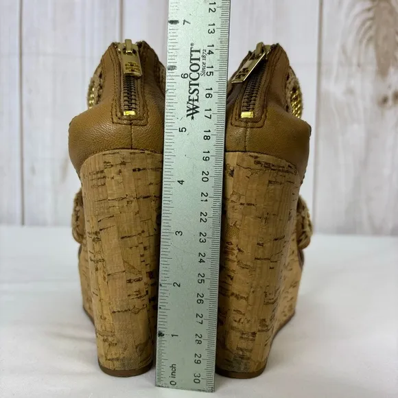 Tory Burch Lucian Sandals Leather Gold Chain Strappy Platform Wedges Tan Size 6