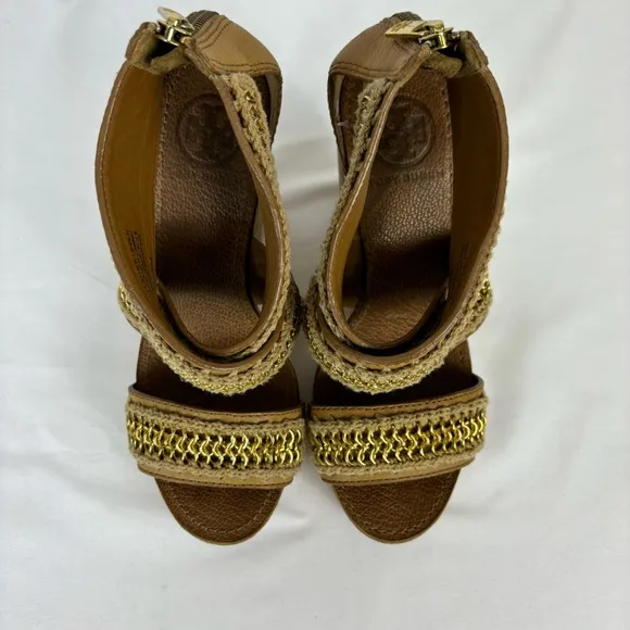 Tory Burch Lucian Sandals Leather Gold Chain Strappy Platform Wedges Tan Size 6
