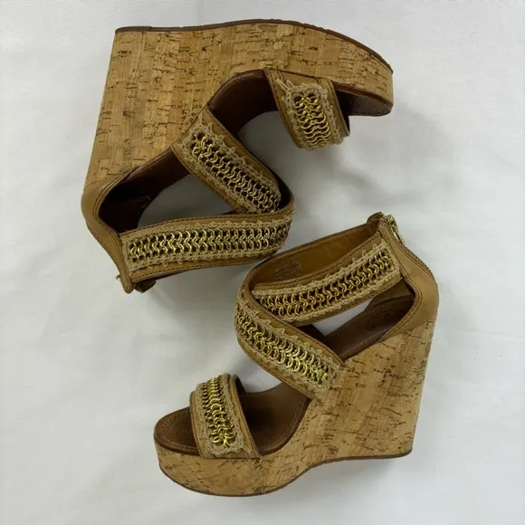 Tory Burch Lucian Sandals Leather Gold Chain Strappy Platform Wedges Tan Size 6