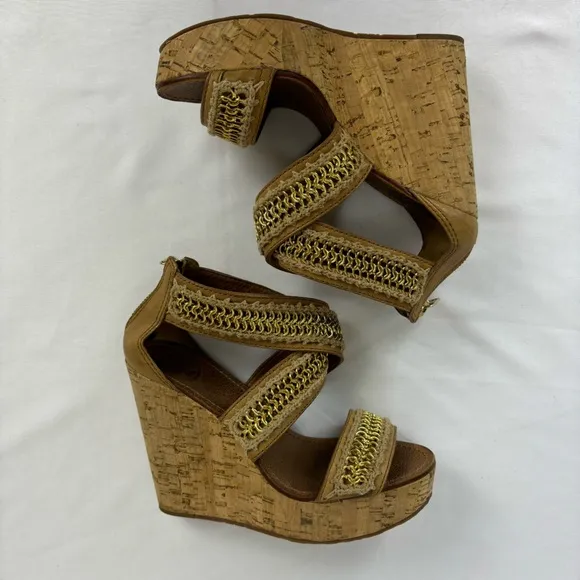 Tory Burch Lucian Sandals Leather Gold Chain Strappy Platform Wedges Tan Size 6