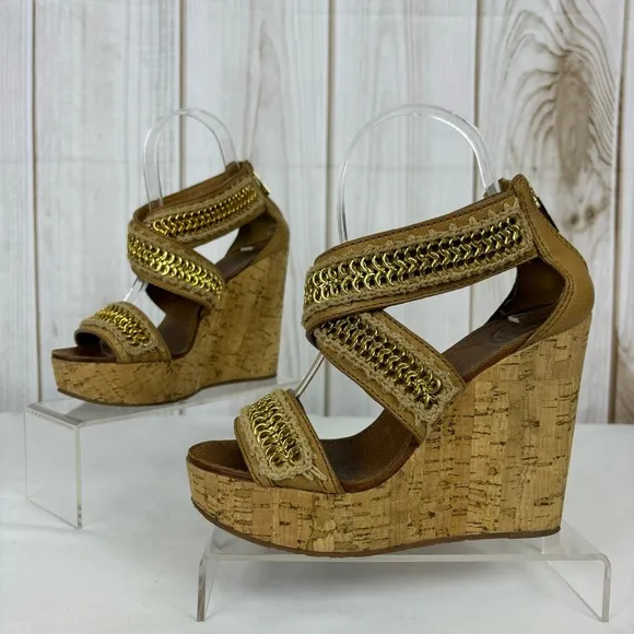 Tory Burch Lucian Sandals Leather Gold Chain Strappy Platform Wedges Tan Size 6