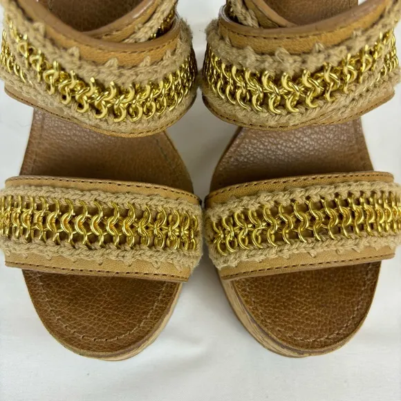 Tory Burch Lucian Sandals Leather Gold Chain Strappy Platform Wedges Tan Size 6