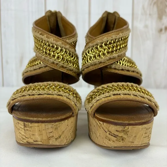 Tory Burch Lucian Sandals Leather Gold Chain Strappy Platform Wedges Tan Size 6