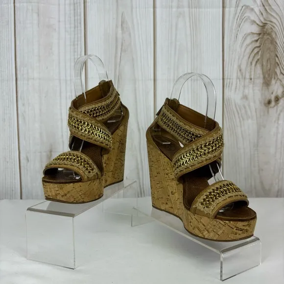 Tory Burch Lucian Sandals Leather Gold Chain Strappy Platform Wedges Tan Size 6