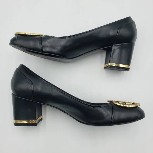 Tory Burch Maddie Pumps Block Heels 8.5 Womens Slip On Leather Black