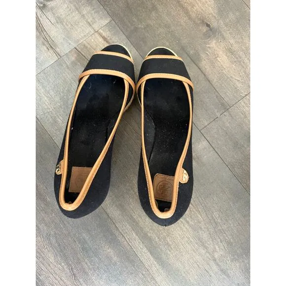 Tory Burch Majorca Espadrille Wedge‎ Women's  Black/Brown Peep Toe sz. 36/5.5