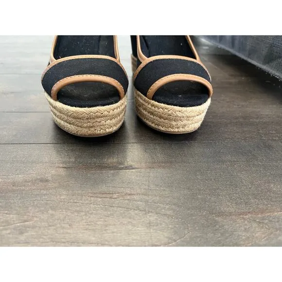 Tory Burch Majorca Espadrille Wedge‎ Women's  Black/Brown Peep Toe sz. 36/5.5