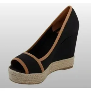 Tory Burch Majorca Espadrille Wedge‎ Women's  Black/Brown Peep Toe sz. 36/5.5