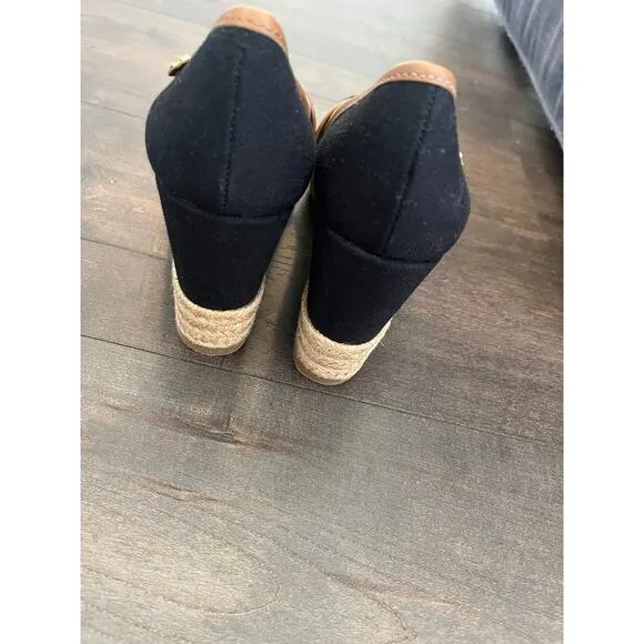 Tory Burch Majorca Espadrille Wedge‎ Women's  Black/Brown Peep Toe sz. 36/5.5