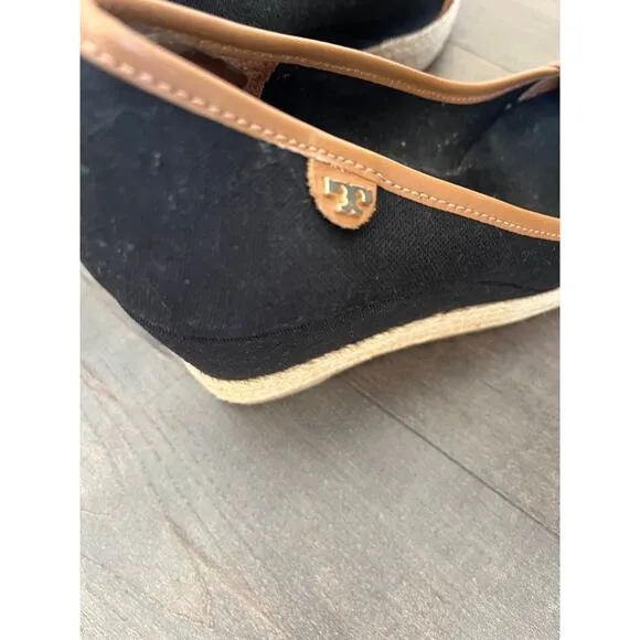 Tory Burch Majorca Espadrille Wedge‎ Women's  Black/Brown Peep Toe sz. 36/5.5