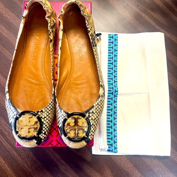 Tory Burch Minnie Ballet Snake Printed Leather Flats Size 10.5M
