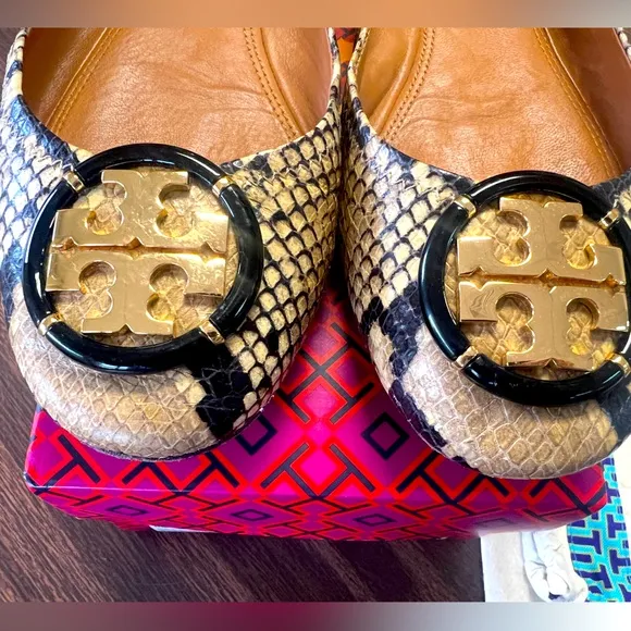Tory Burch Minnie Ballet Snake Printed Leather Flats Size 10.5M
