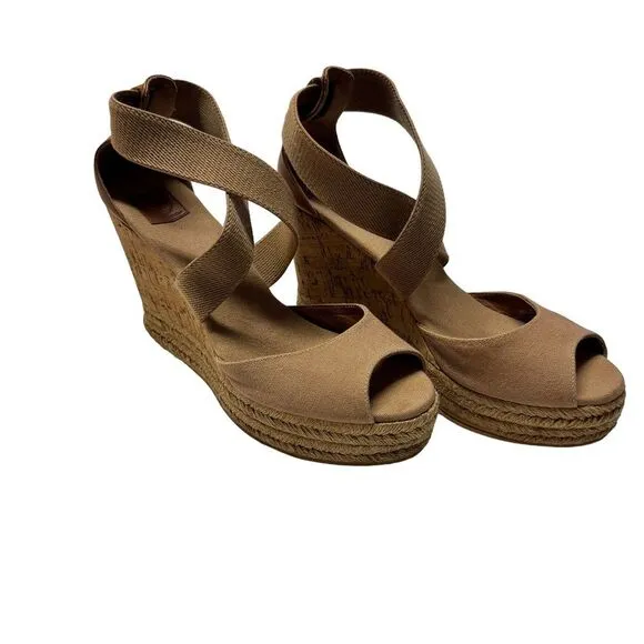 Tory Burch ‘Natanya’ Linen Blend Cork Espadrille Wedges Size 11
