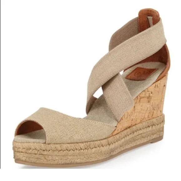 Tory Burch ‘Natanya’ Linen Blend Cork Espadrille Wedges Size 11