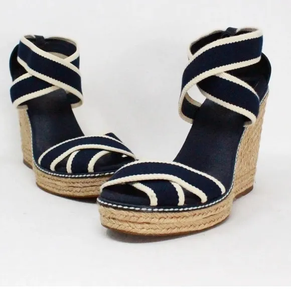 TORY BURCH Navy Blue &amp; Cream Contrast Elastic Espadrille Wedges item siz…
