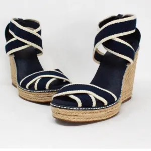 TORY BURCH Navy Blue &amp; Cream Contrast Elastic Espadrille Wedges item siz…