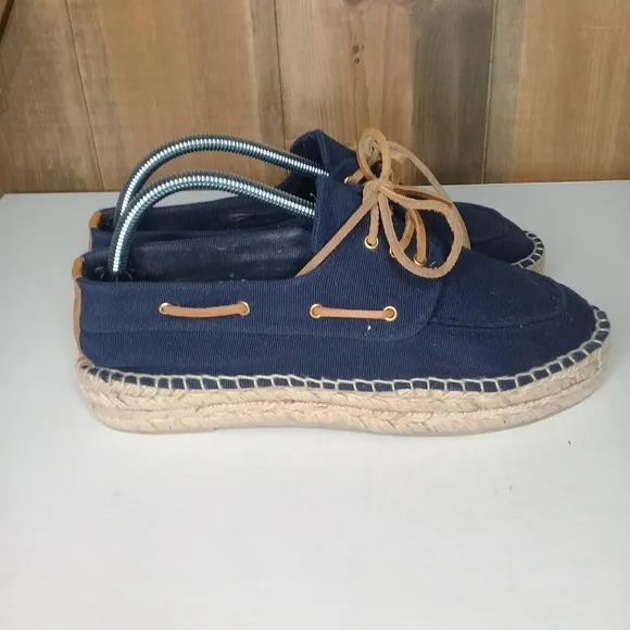 Tory Burch Navy Blue Blanton Canvas Boat Platform Espadrille Sz 11
