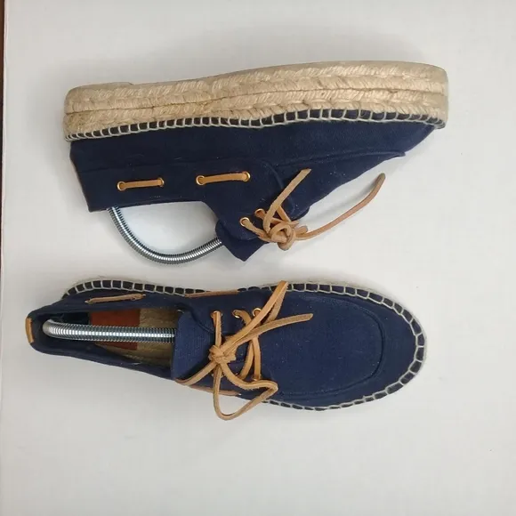 Tory Burch Navy Blue Blanton Canvas Boat Platform Espadrille Sz 11
