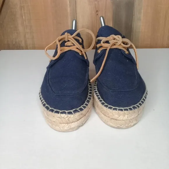 Tory Burch Navy Blue Blanton Canvas Boat Platform Espadrille Sz 11