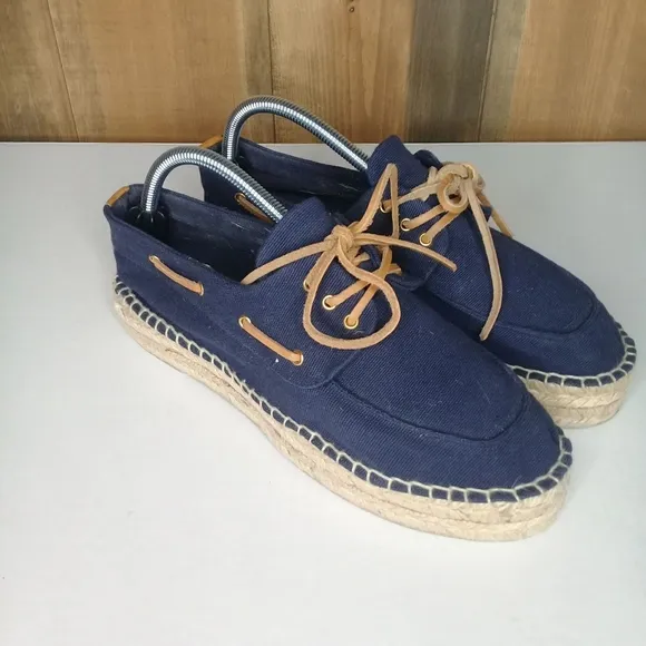 Tory Burch Navy Blue Blanton Canvas Boat Platform Espadrille Sz 11