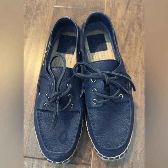 Tory Burch Navy Leather Espadrille Boat Shoes.  Size 8.  New, no box.