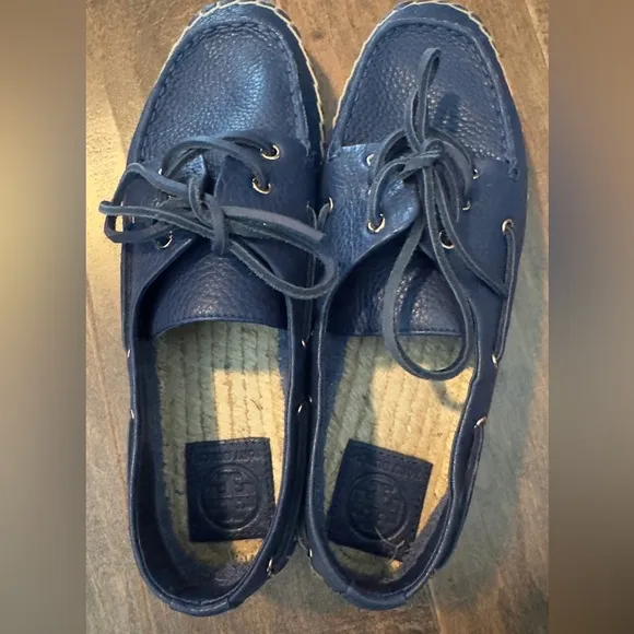 Tory Burch Navy Leather Espadrille Boat Shoes.  Size 8.  New, no box.