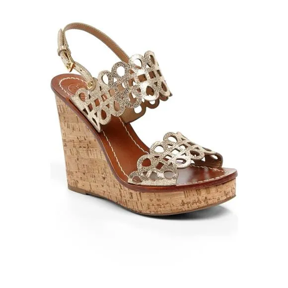 Tory Burch Nori Wedges Size 10 Platinum Metallic Leather 65m Sandals Designer