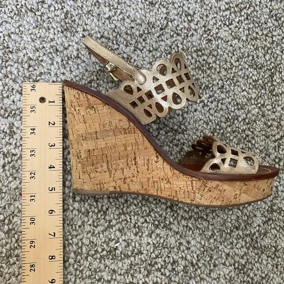 Tory Burch Nori Wedges Size 10 Platinum Metallic Leather 65m Sandals Designer
