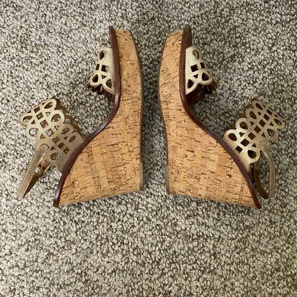 Tory Burch Nori Wedges Size 10 Platinum Metallic Leather 65m Sandals Designer