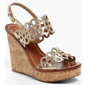 Tory Burch Nori Wedges Size 10 Platinum Metallic Leather 65m Sandals Designer