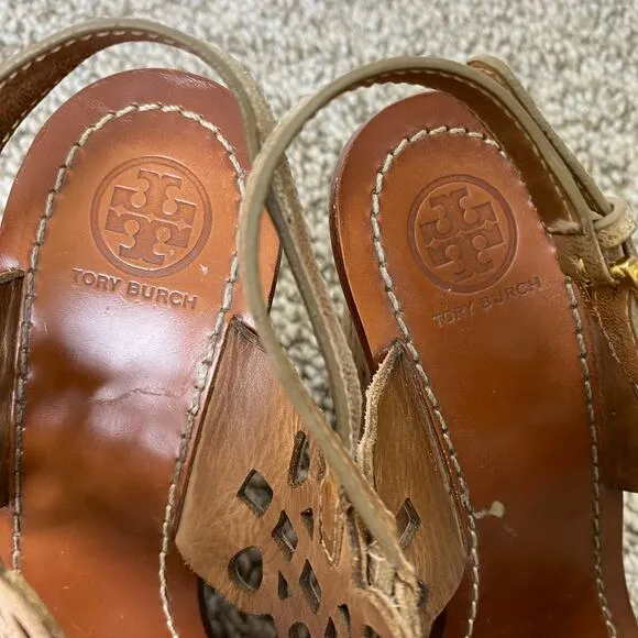 Tory Burch Nori Wedges Size 10 Platinum Metallic Leather 65m Sandals Designer