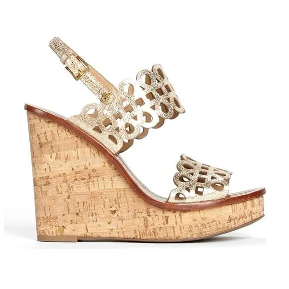 Tory Burch Nori Wedges Size 10 Platinum Metallic Leather 65m Sandals Designer
