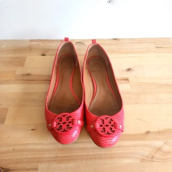 TORY BURCH ORANGE/MELON MINI MILLER LIZARD PRINT LEATHER FLATS SIZE 8