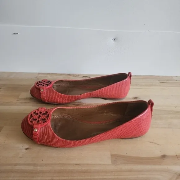 TORY BURCH ORANGE/MELON MINI MILLER LIZARD PRINT LEATHER FLATS SIZE 8