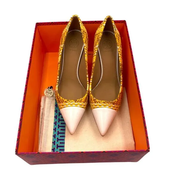 Tory Burch Penelope Yellow Textured Woven Cap Pumps Shoes Women's Size 6M NWB
