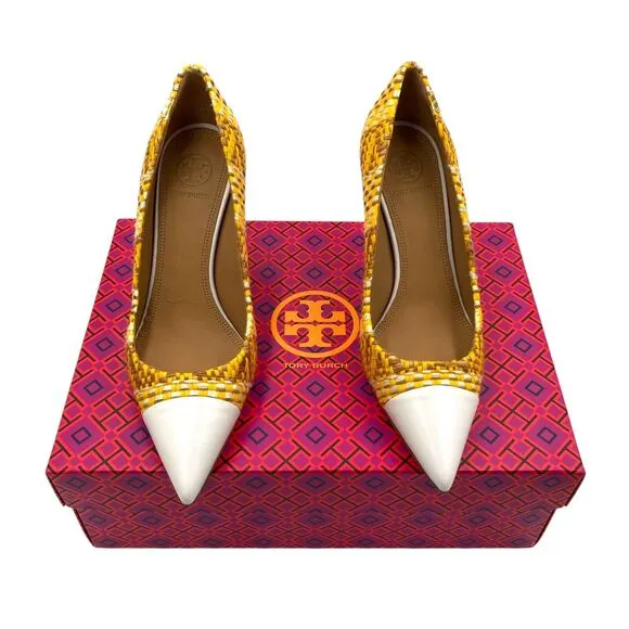 Tory Burch Penelope Yellow Textured Woven Cap Pumps Shoes Women's Size 6M NWB