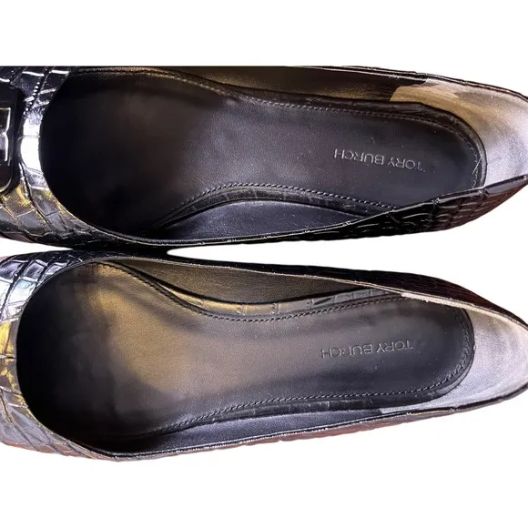 Tory Burch Perfect Black Georgia Ballet Flats Croc Patent Leather Square Toe 8M