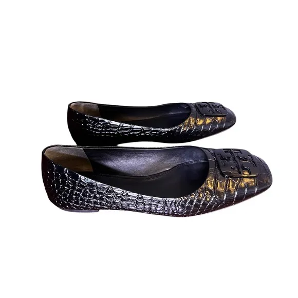 Tory Burch Perfect Black Georgia Ballet Flats Croc Patent Leather Square Toe 8M