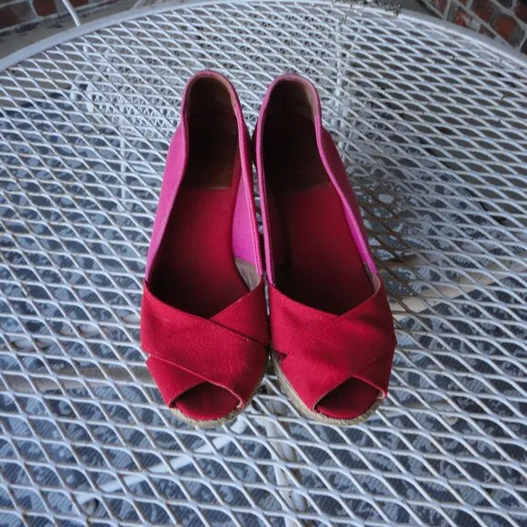 TORY BURCH Pink &amp; Red Woven Peep Toe Wedges Sandals Rope Size 6B